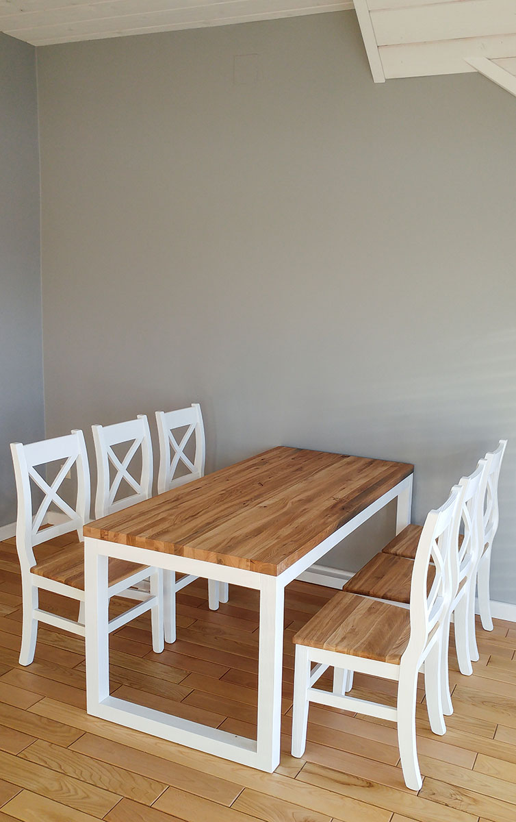 Zestaw stół dębowy + 6 krzeseł na bielonej konstrukcji 160x80x75